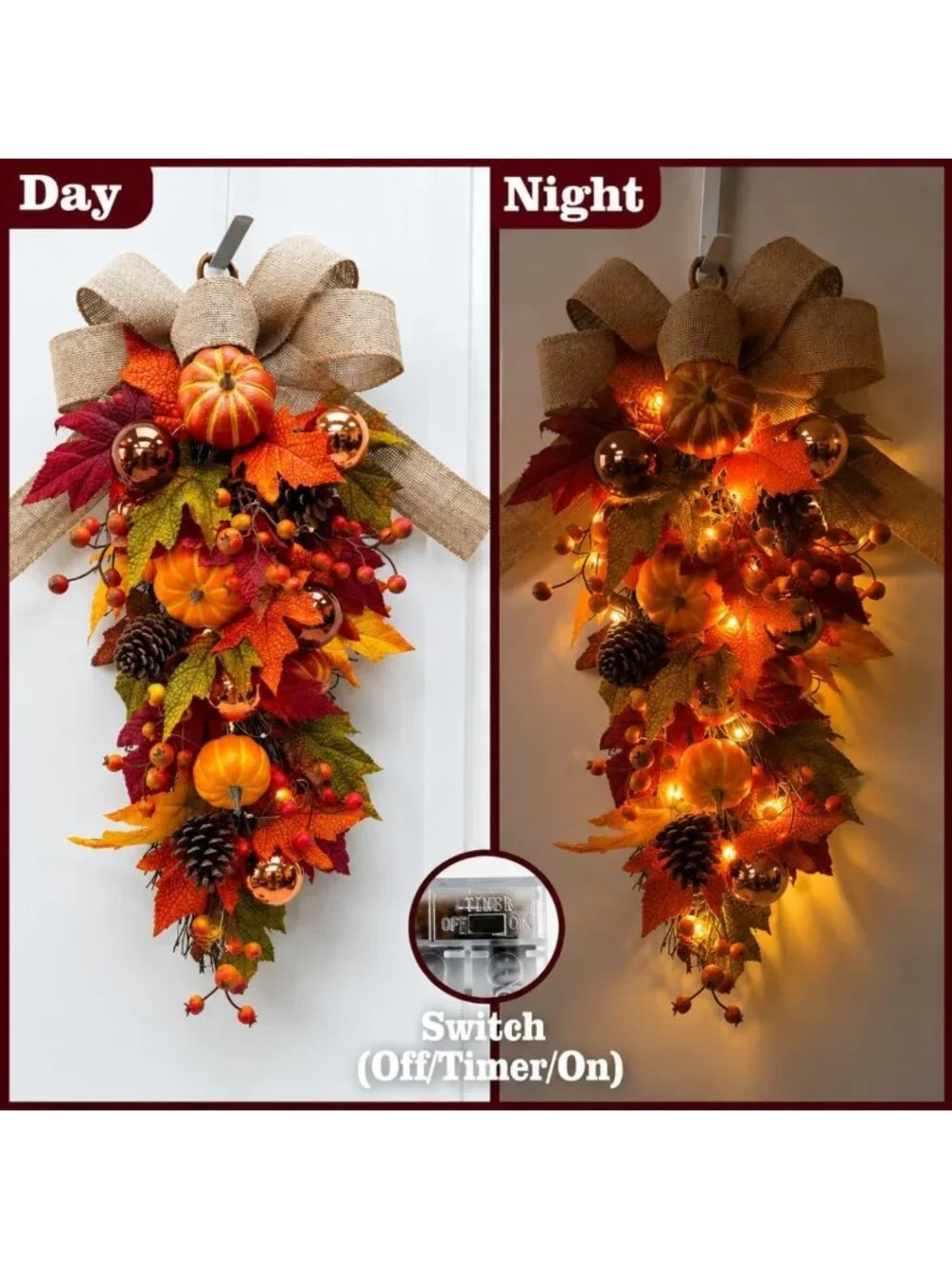 24” Pre-Lit Fall Teardrop Swag - LED Lights, Pumpkins, Maple Leaves & Burlap Bow